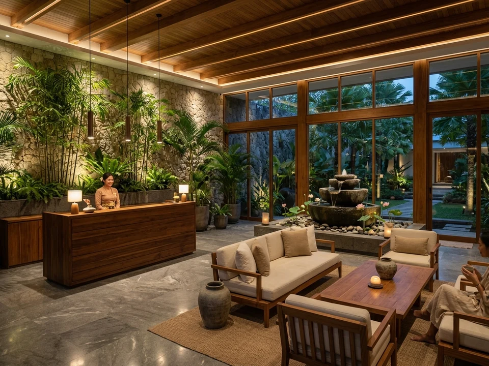 Suasana ruang tunggu dan lobi spa Aura Sanctuary bernuansa zen